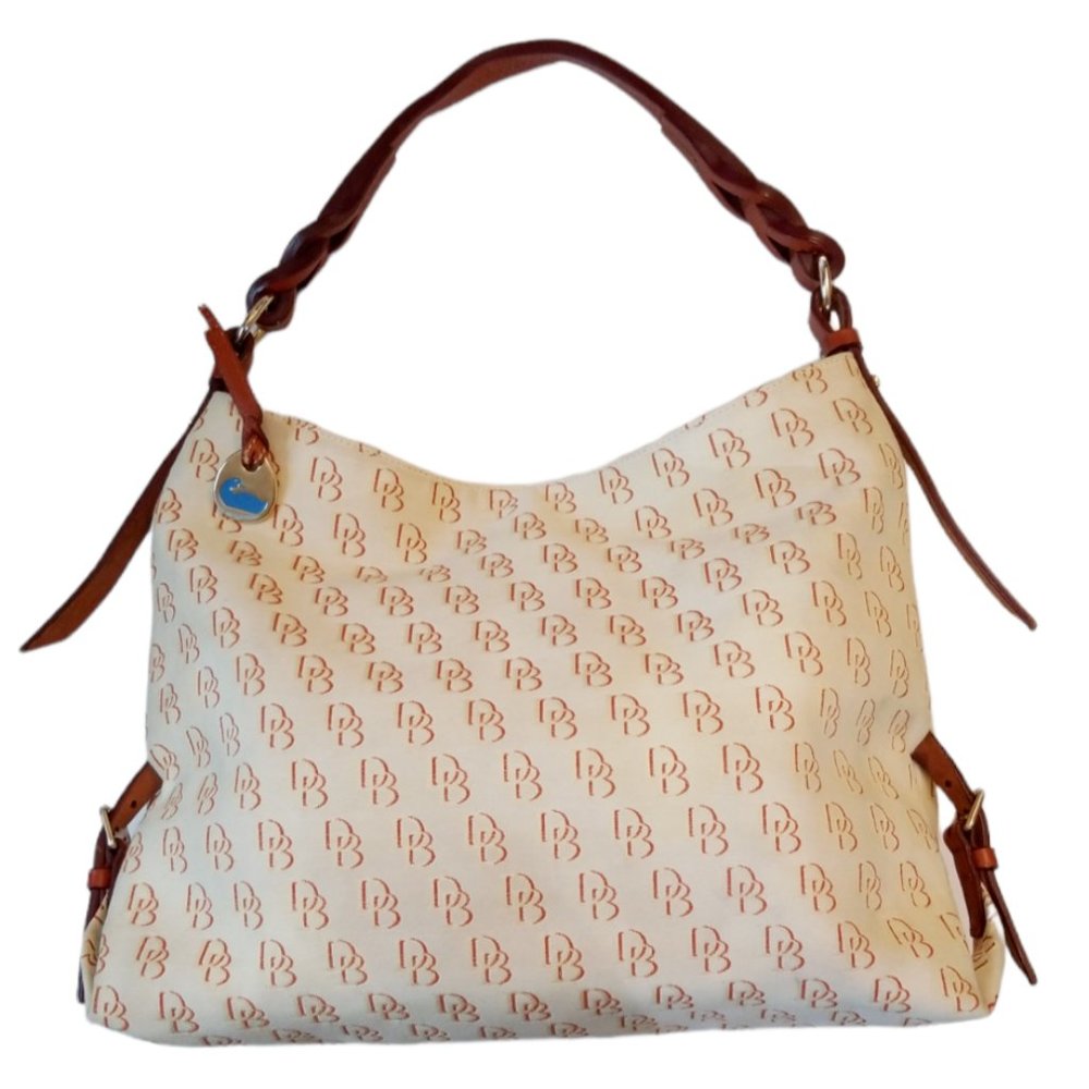 Dooney & Bourke Signature DB Logo Cream Canvas Braided Leather Shoulder Handbag